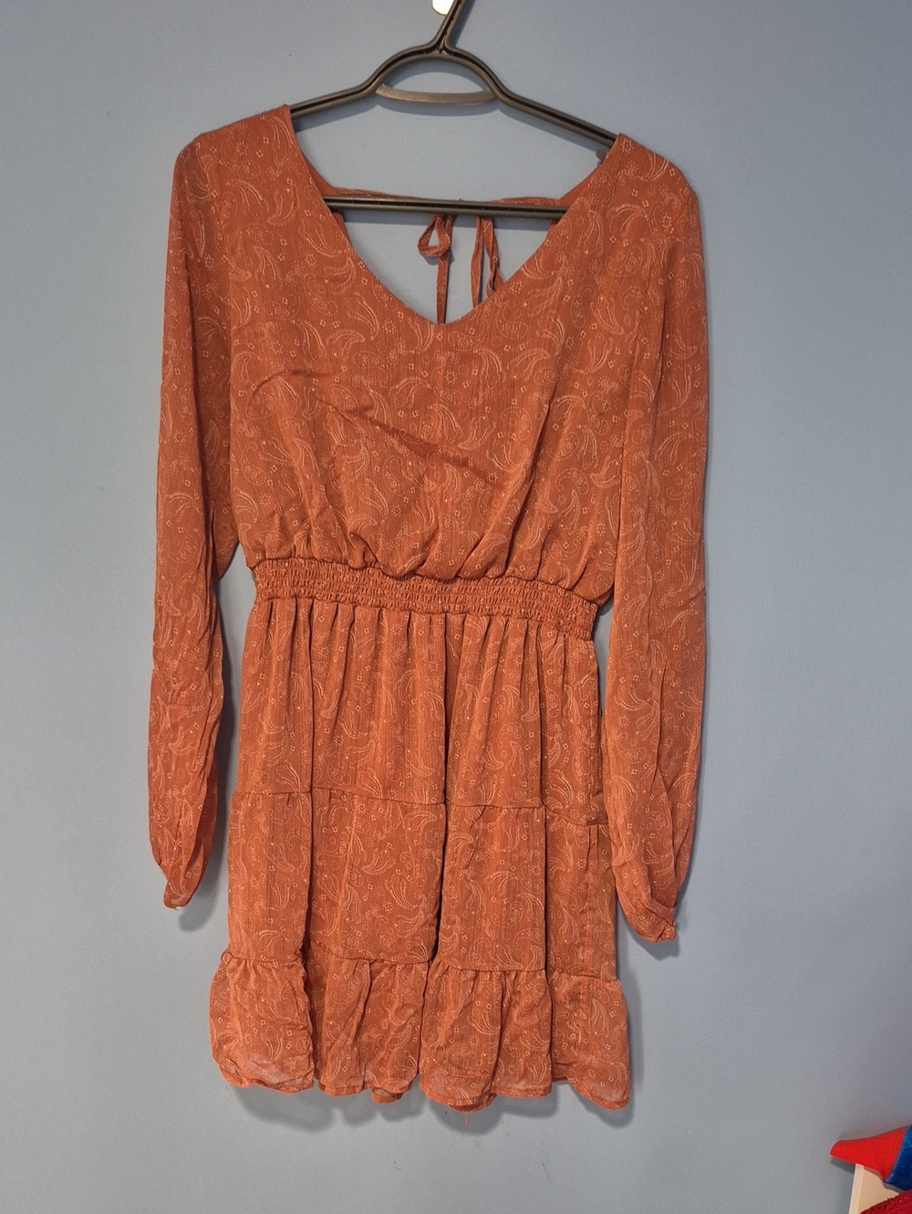 Ardene Rust Paisley Long-Sleeve Tiered Dress